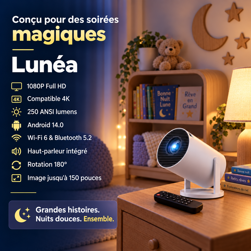 Caractéristiques Lunéa : 1080P, 4K, 250 ANSI lumens, Android 14, Wi-Fi 6, haut-parleur intégré