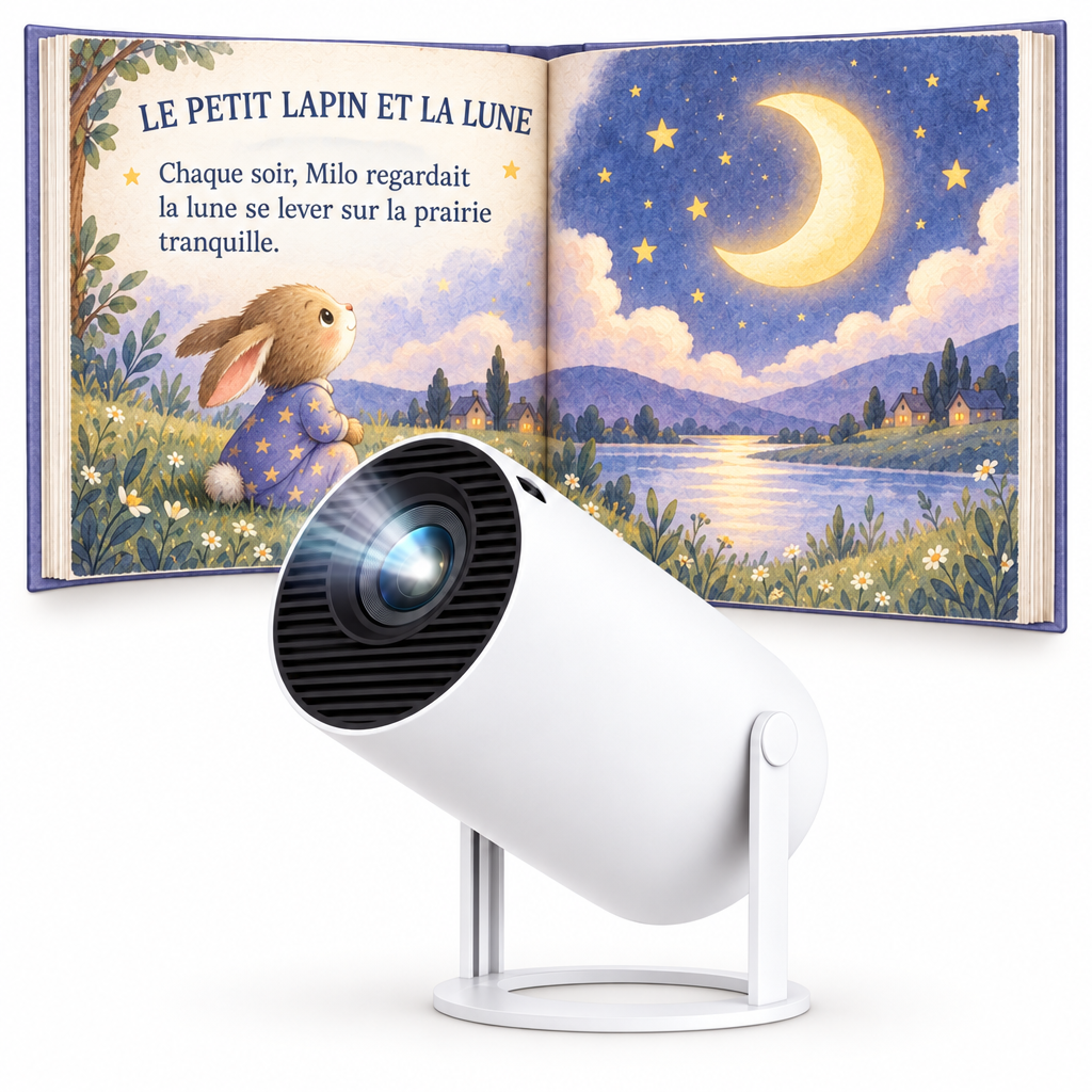 Projecteur Lunéa devant un livre illustré Le petit lapin et la lune