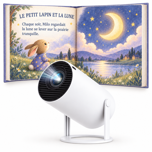 Projecteur Lunéa devant un livre illustré Le petit lapin et la lune