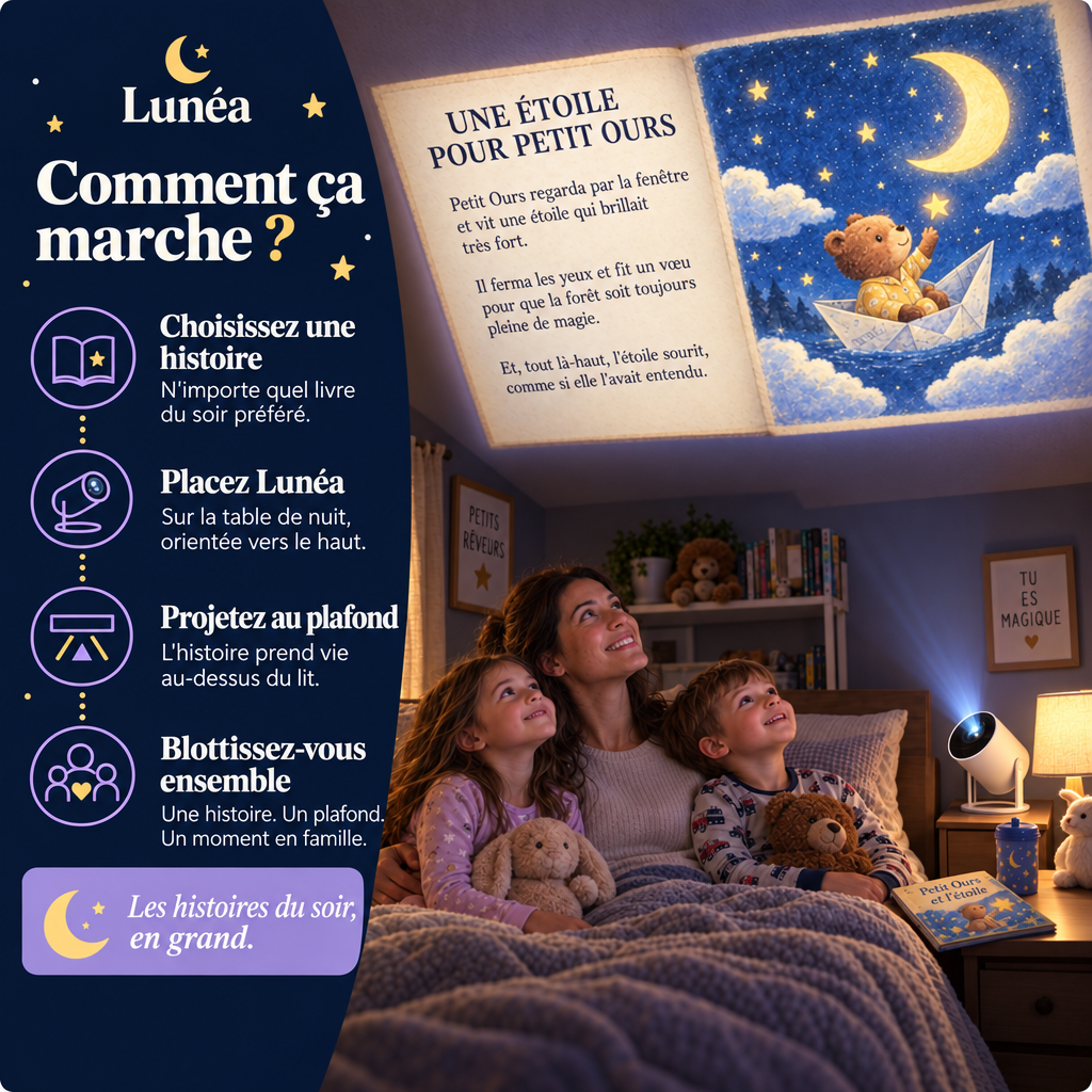 Comment ça marche : choisissez une histoire, placez Lunéa, projetez au plafond, blottissez-vous ensemble